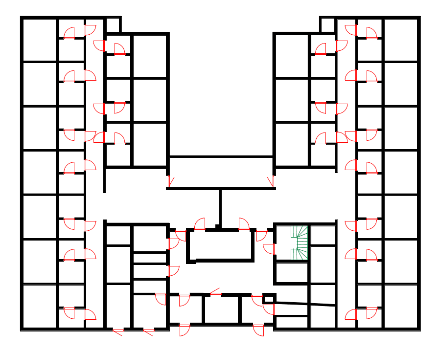 Actual CAD result for tre, with black walls, red door swings, and green stairs matching the original layout.
